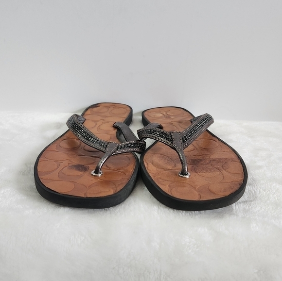 COACH Laurel Leather Silver Gray Bugle Beaded Flip Flop Sandals Size 8 - Picture 5 of 16